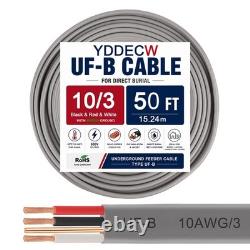 10/3 UF-B Wire 50FT 100% Copper 10AWG Direct Burial Electrical Cable for Indoo