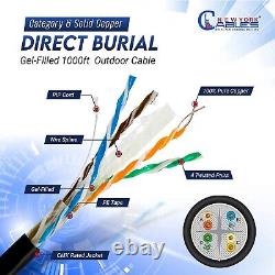 Cat6 Cable 1000ft Outdoor Waterproof Direct Burial Ethernet 23AWG Solid Copper