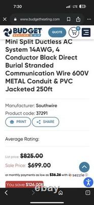 Mini Split Communication Wire 14/4 AWG 250 ft Direct Burial 600V