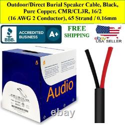 Outdoor/Direct Burial Speaker Cable, Black, Pure Copper 500 Ft Roll 16/2 16 AWG