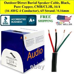 Outdoor/Direct Burial Speaker Cable, Black, Pure Copper 500 Ft Roll 16/4 16 AWG