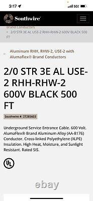 500' 2/0 Awg Aluminium Use-2 Rhh Rhw-2 Câble De Sépulture Directe Noir 600v