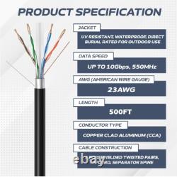 Câble Ethernet extérieur 500FT CAT6 FTP 23AWG avec protection UV pour enfouissement direct, fil solide