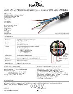Chat rapide. Câble Cat6 à enterrement direct en extérieur, classé CMX, imperméable, barre solide de 23AWG