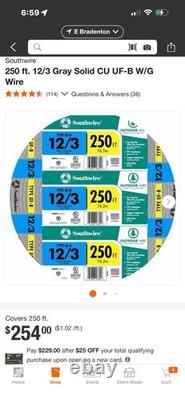 Fil électrique en cuivre solide UF-B 12/3 gris de 250 pieds Southwire pour enfouissement direct en extérieur